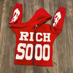 Sweat-shirts à capuche zippés pour hommes, 100 % coton, fabriqués sur mesure, avec logo brodé appliqué effet vieilli, coupe ample et ourlet brut - Product Image 2