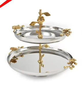 Soporte de pastel de 2 niveles de metal con acabado plateado y aspecto de tendencia con diseño de hoja dorada para restaurante y bar de hotel - Product Image 4