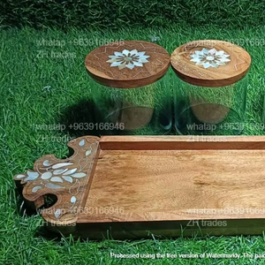 Juego de tarros acrílicos Premium Ramadan Kareem con bandeja de nácar y tapa con incrustaciones de madera, vajilla clásica de 150ml de capacidad - Product Image 1