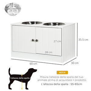 PawHut <b>Raised</b> <b>Dog</b> <b>Bowls</b> with 44L Cabinet and 2 Steel <b>Bowls</b>, 60x30x35.5cm, White - Product Image 3