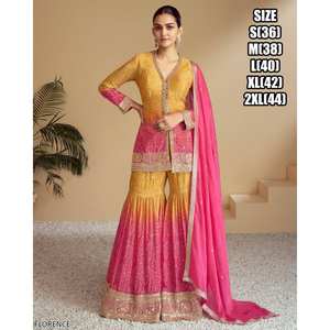 ชุดชาราราปักลายแบบปัญจาบ พร้อมผ้าคลุมไหล่แบบดูปัตตา แต่งพู่ คอทรงกลม แขนสามส่วน ชุดอนาร์กาลีแบบยาว สไตล์ชาติพันธุ์ สำหรับงานแต่งงาน - Product Image 1