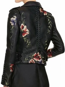 Otoño Invierno estampado Floral bordado Faux cuero chaquetas mujeres High Street Moto remache negro Punk prendas de vestir exteriores Biker abrigos - Product Image 2