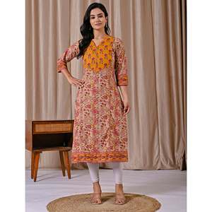 <b>Beige</b> Block-Printed Cotton Jaal Straight Kurti Breathable Woven Fabric 100% Cotton Material - Product Image 3