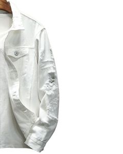 <b>Men</b> White Distressed Denim <b>Jacket</b> Ripped <b>Trucker</b> Style Casual Streetwear Button Front Classic Outerwear For <b>Men</b> - Product Image 5