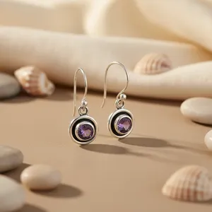 Boucles d'oreilles clous vintage pour femme avec pierre d'améthyste en argent 925 plaqué, serti clos, style bohème, pour cadeau de fiançailles - Product Image 1