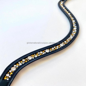 Bandeau frontal en cuir noir en forme de vague personnalisé pour cheval avec correctif multicolore décoratif de haute qualité et boucles cousues - Product Image 3