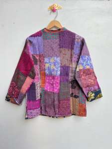 เสื้อโค้ทผ้าไหมซารีวินเทจทำมือ ผ้าฝ้ายระบายอากาศ บุใยฝ้าย ตัดต่อผ้าปะติดปะต่อ ปักลาย กระดุมสองแถว ลายสก็อต สำหรับผู้หญิง - Product Image 5