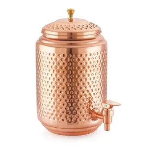 Pure Copper Water Dispenser Container Pot Matka with 2 Glass Tumblers - (Brown)- Metal matka