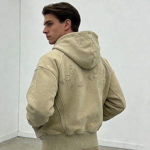 เสื้อฮู้ดดี้ผู้ชายสไตล์วินเทจสีเบจเขียวมะกอกทรงครอปโอเวอร์ไซส์ แต่งลายปักอักษรอาหรับ ซิปยาวเต็มตัว ลุคสตรีทแวร์ - Product Image 4
