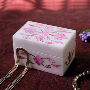 Caja de almacenamiento decorativa con incrustaciones de mármol rectangular hecha a mano, diseño Floral de varias piedras, solución de almacenamiento para el hogar, regalo para niñas - Product Image 1