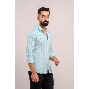 Chemise décontractée en coton à manches longues pour homme, imprimé rayé bleu turquoise, tissu popeline tissé, taille XL - pour l'automne - Product Image 3