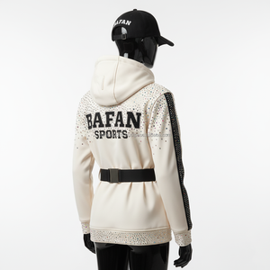 Veste Softshell de luxe pour femmes, tissu 320GSM, blanc crème, panneaux latéraux, strass, logo personnalisé par transfert thermique, veste Softshell pour femmes - Product Image 5