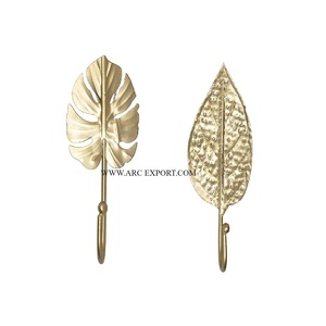Set of 2 Different Designing Leaf Shape Gold Plated Indoor Decorative Hooks and <b>Hangers</b> Elegant New Arrival Single <b>Wall</b> Hooks - Product Image 1