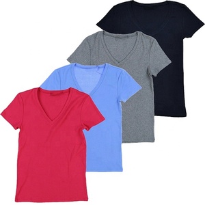 Camiseta con cuello en V de media manga para mujer, ropa informal 100% de algodón/poliéster, camisa bordada con logotipo de impresión personalizada, alta calidad, nueva - Product Image 1