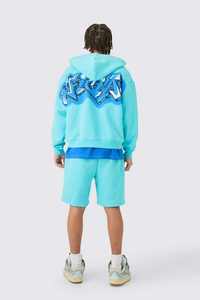 Custom Graphic Blue Y2K <b>Hoodie</b> <b>and</b> <b>Shorts</b> <b>Set</b> <b>Men's</b> Graffiti Print Outfit Streetwear 2 Piece Lightweight Tracksuit VENDOR Wear - Product Image 3