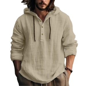 Nouvelles chemises en coton et lin à capuche lâche grande taille pull décontracté à manches longues à capuche hommes - Product Image 5