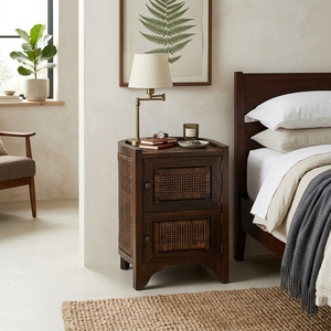New Modern Minimalist Baron Wooden Storage <b>Cabinet</b> Natural Rattan Webbing 2 Doors <b>Corner</b> Side Table Storage Unit Living Room Bed - Product Image 3