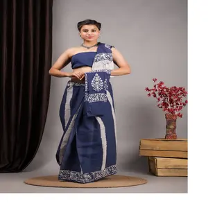 Sonder anfertigung in Marineblau gefärbt Hand Block Badru Bedruckter Saree aus weicher malerischer Baumwolle mit Bluse, ideal für den Wiederverkauf