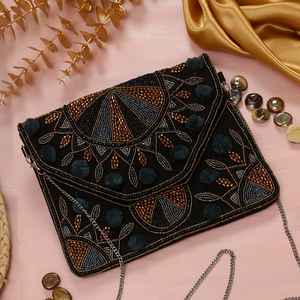 Handmade Boho Embroidered Fringe Clutch Bag <b>Beaded</b> Mirror Work Envelope Purse with Tassel <b>Trim</b> for Party - Product Image 3