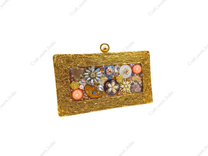 Handcrafted Gold Metal Panelled Clutch with Multicolor Stone <b>Crystal</b> Bead Floral Inlay Frame Designer Statement <b>Bag</b> for women - Product Image 2