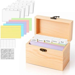 Boîte à cartes de recettes en bois avec 5 niveaux, séparateurs colorés et étiquettes pour l'organisation et le rangement des aliments - Product Image 1