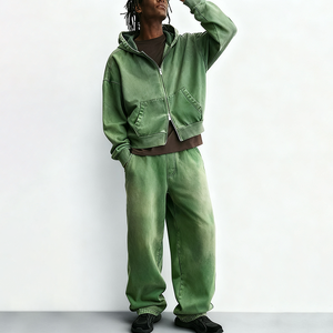 Conjunto de Sudadera con Capucha y Pantalones Deportivos Holgados de Gran Tamaño con Estampado Personalizado, Lavado Ácido, Cierre de Cremallera, 2 Piezas - Product Image 6