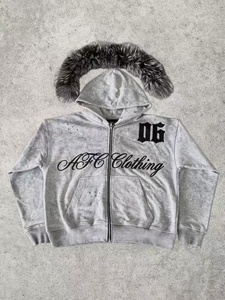 Felpa <span class=keywords><strong>con</strong></span> Cappuccio di Lusso <span class=keywords><strong>con</strong></span> Bordo in Pelliccia e Stampa Personalizzata, Felpa <span class=keywords><strong>con</strong></span> Zip in Velluto Pesante Effetto Lavaggio Acido per Brand di Alta Moda - Product Image 2