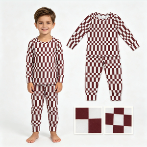 Conjunto de Pijama a Cuadros de Manga Larga para Niños, Color Granate y Blanco, Patrón Geométrico, Tejido de Punto, Estilo Casual - Product Image 2