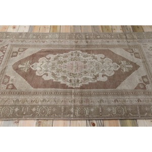 Vintage Turkish Rug Rug 4.3x7.9 ft (130x242 cm), <b>Brown</b> Geometric <b>Wool</b> Rug - Product Image 3