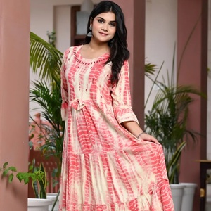 New Traditional Summer Wear Printed Cotton Long Sleeve O-neck Long Vintage Beach Maxi <b>Kurti</b> for Women - Product Image 1