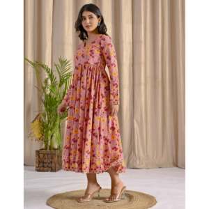 Vestido Largo Angrakha Rosa con Estampado Jaal, Elegante, Cintura Imperio, Impresión Digital, 100% Algodón, Largo hasta el Suelo, Talla XL, para el Día - Product Image 6