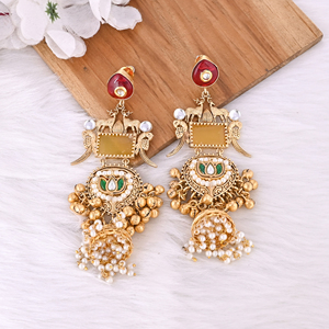Pendiente de boutique tradicional para mujer con acabado dorado de latón, joyería india, pendiente largo, joyería de fusión - Product Image 2