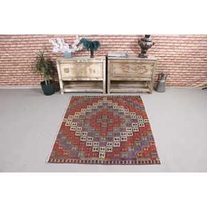 Tapis turc à accents ethniques, tapis vintage 4,8x3,9 pieds, tapis en laine rayé rouge - Product Image 2