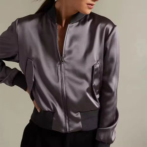 High Quality Classics Ladies Oversized Satin Bomber <b>Jacket</b> Polyester Satin Loose <b>Women's</b> Full Zip Pockets Long Sleeve - Product Image 6