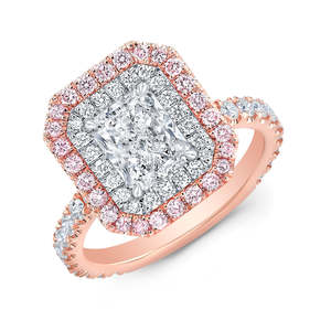 Bague de fiançailles pour femme en moissanite taille radiant, plaqué platine, or rose, double halo, sertissage à griffes, géométrique, classique, de luxe - Product Image 1