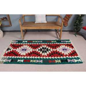 Alfombra Kilim Vintage de 3.1x6.3 pies (95x191 cm), Alfombra Turca con motivos de plantas y árboles rojos - Product Image 2