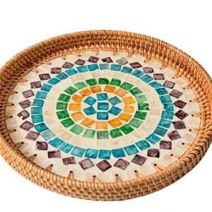 Bandeja de servicio con incrustaciones de ratán de madreperla, bandeja decorativa redonda de elección superior de conchas marinas para desayuno, pan, bebida, mesa de comedor - Product Image 1