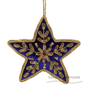 Ornamento di stella di velluto blu brillante | Decorazione natalizia di lusso decorazione natalizia con perline fatta a mano - Product Image 2