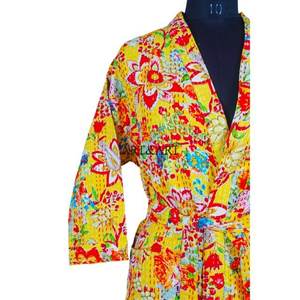 Kimono vintage en coton Kantha pour femme, robe de plage découpée, peignoir de bain, vêtement de nuit, motif floral, pour la maison, été, automne, thermique - Product Image 5