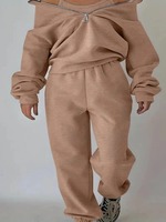 Ensemble de survêtement décontracté deux pièces pour femme en toile, col montant zippé, couleur unie, pull et pantalon de survêtement pour l'hiver