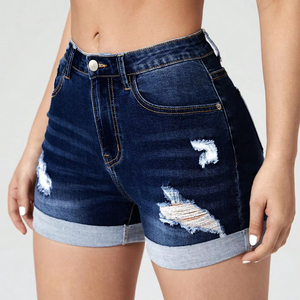 Shorts de Mezclilla Ajustados para Mujer Estilo Vintage Y2K con Botones y Estampado Floral en Azul Oscuro de Spandex/Algodón Moda de Verano al por Mayor - Product Image 3