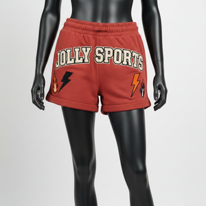 Shorts en molleton de coton de haute qualité pour femmes, couleur rouge, tissu doux brossé, logo brodé en chenille. - Product Image 6