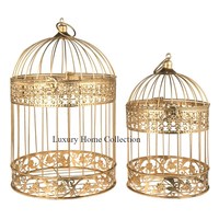 Cage à oiseaux et mangeoire robuste en métal de grande forme en fil de fer avec couvercle supérieur en forme de cloche Plaques d'or polies brillantes