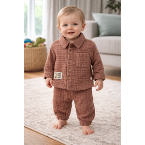 Conjunto de Ropa para Bebé Niño de Muselina 100% Algodón con Estampado de Dinosaurios, Estilo Insuit para 12-18 y 18-24 Meses, 2 Piezas, Venta al Por Mayor - Product Image 1