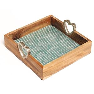 Bandeja de servicio de madera decorativa de diseño nuevo y de tendencia con mango de Metal, organizador duradero artístico hecho a mano - Product Image 2