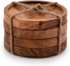 Venta caliente Posavasos de madera de acacia natural Mesa de centro apilable Esteras para bebidas con soporte de madera gratis Esteras y almohadillas Premium - Product Image 4