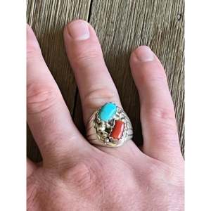 Alvery Smith Men's <b>Statement</b> <b>Ring</b> Turquoise & Coral Bezel Set Size 10.5 Everyday Wear Sterling <b>Silver</b> Gemstone <b>Ring</b> - Product Image 2