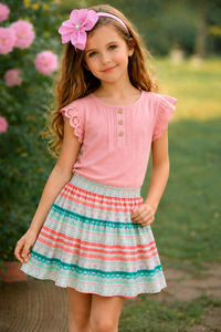 Minigonna a pieghe a righe per ragazze, stile bohémien, in poliestere chiffon stampato, per feste estive alla moda - Product Image 3