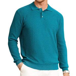 Polo de Manga Larga de Punto Texturizado Azul Verde Azulado para Hombre, Logotipo Personalizado de Alta Calidad, Transpirable, Informal, de Moda, para Negocios - Product Image 1