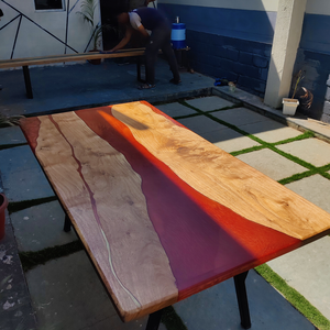 Mesa de comedor o conferencia de entrada moderna de resina hecha a mano, superficie mate de Tono naranja rojo perla, Exportación de alta calidad - Product Image 4